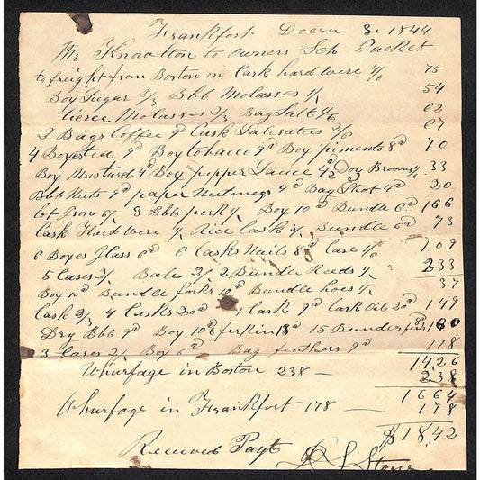 1844 Jabez Knowlton* Newburgh, ME Receipt Freight & Wharfage Items from Boston