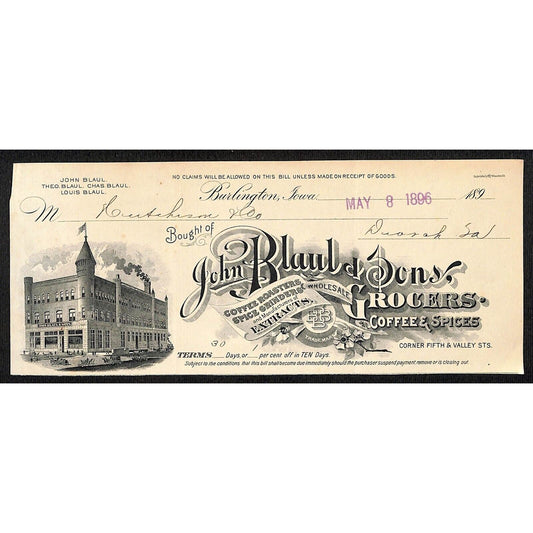 John Blaul Grocers Coffee Burlington IA Hutchinson* 5/8 1896 Cut Billhead