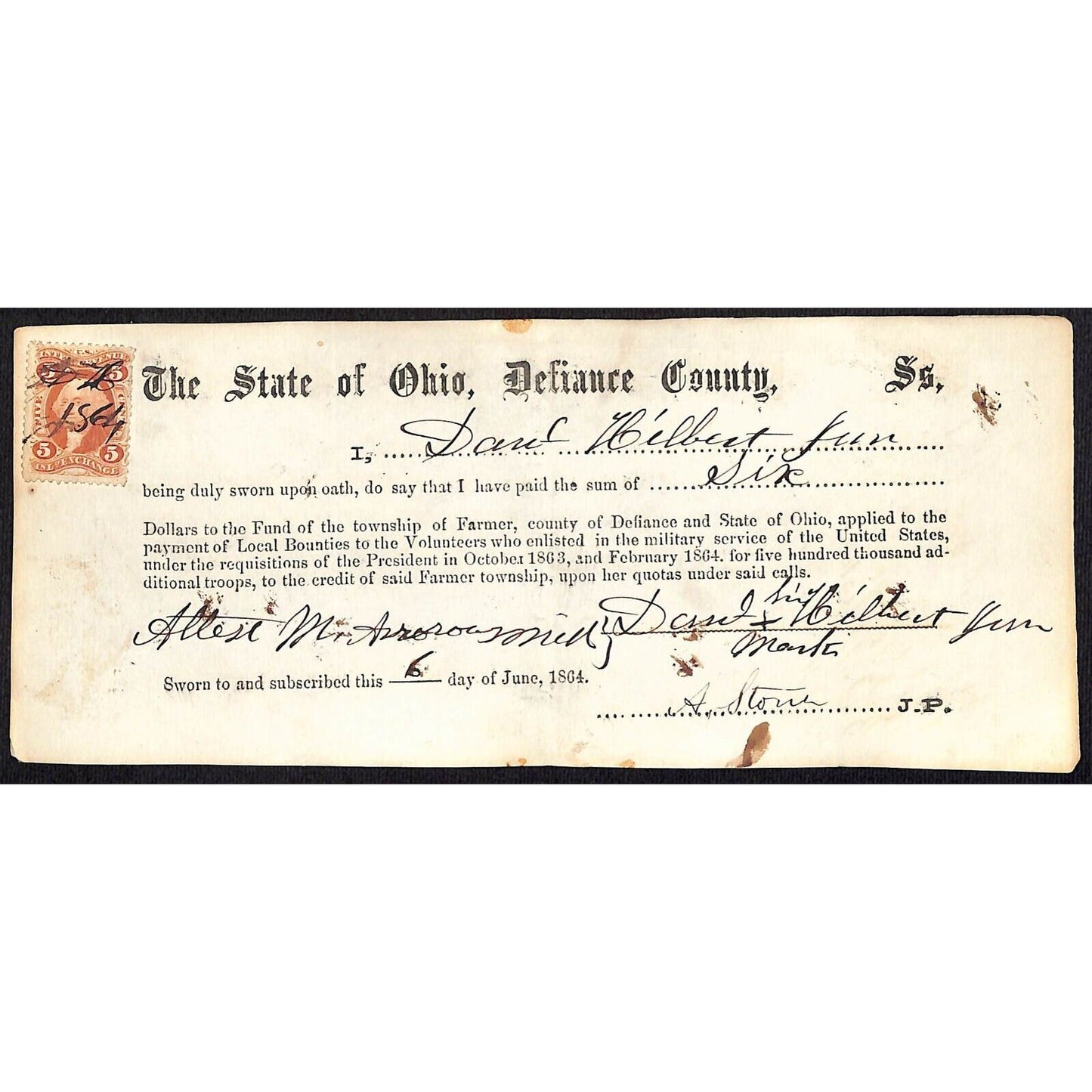 Civil War Farmer Township, OH Defiance 1864 Bounty Receipt Daniel Gilbert ?