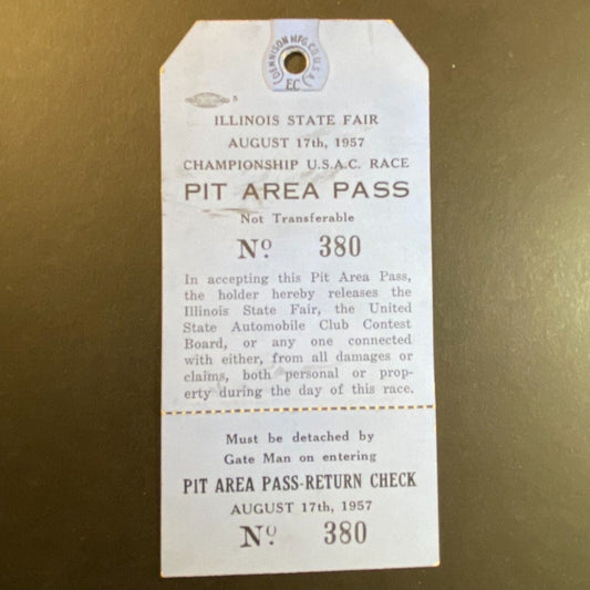 1957 Illinois State Fair USAC Pit Area Pass w/ Gate Man Return Check VGC Scarce