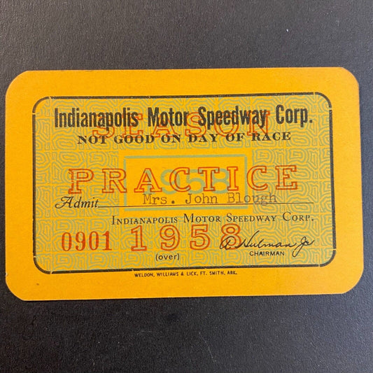 1958 Indianapolis Motor Speedway Practice Pass / Credential on Firm Card Stock