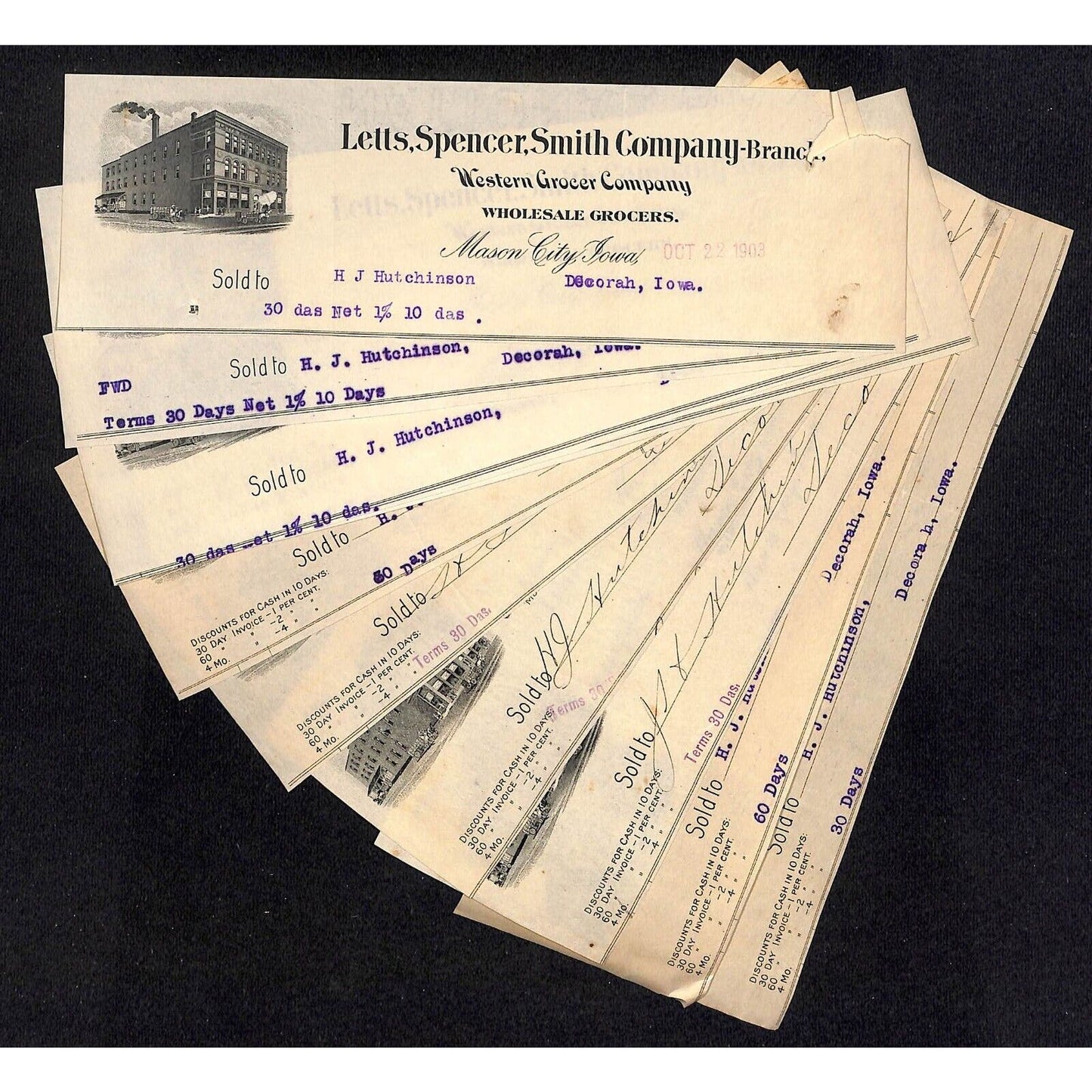Letts, Spencer, Smith Co. Mason City IA Hutchinson* 10 pcs 1902-03 Cut Billheads