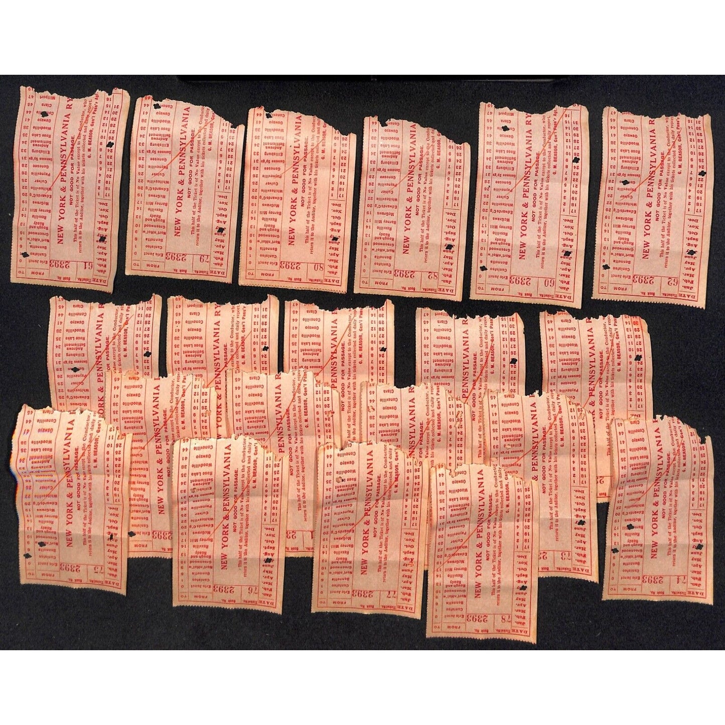 New York & Pennsylvania RR / Railway c1914-1917 20 pcs. Torn Paper Ticket Stubs