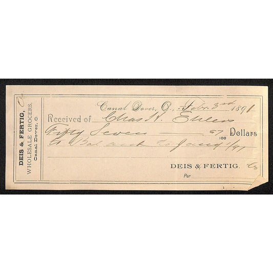 Deis & Fertig Wholesale Grocers Canal Dover, OH 1891 Receipt