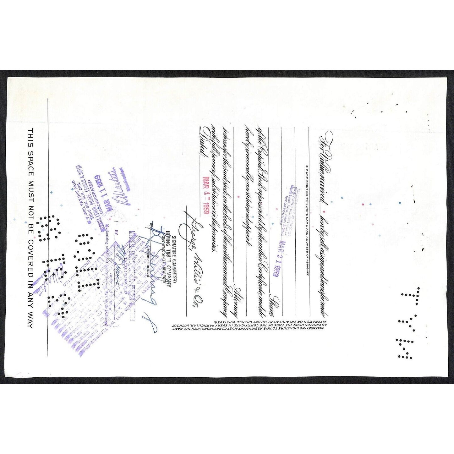 Irving Trust Company NY 1959 Stock Certificate to: George Willis & Co.