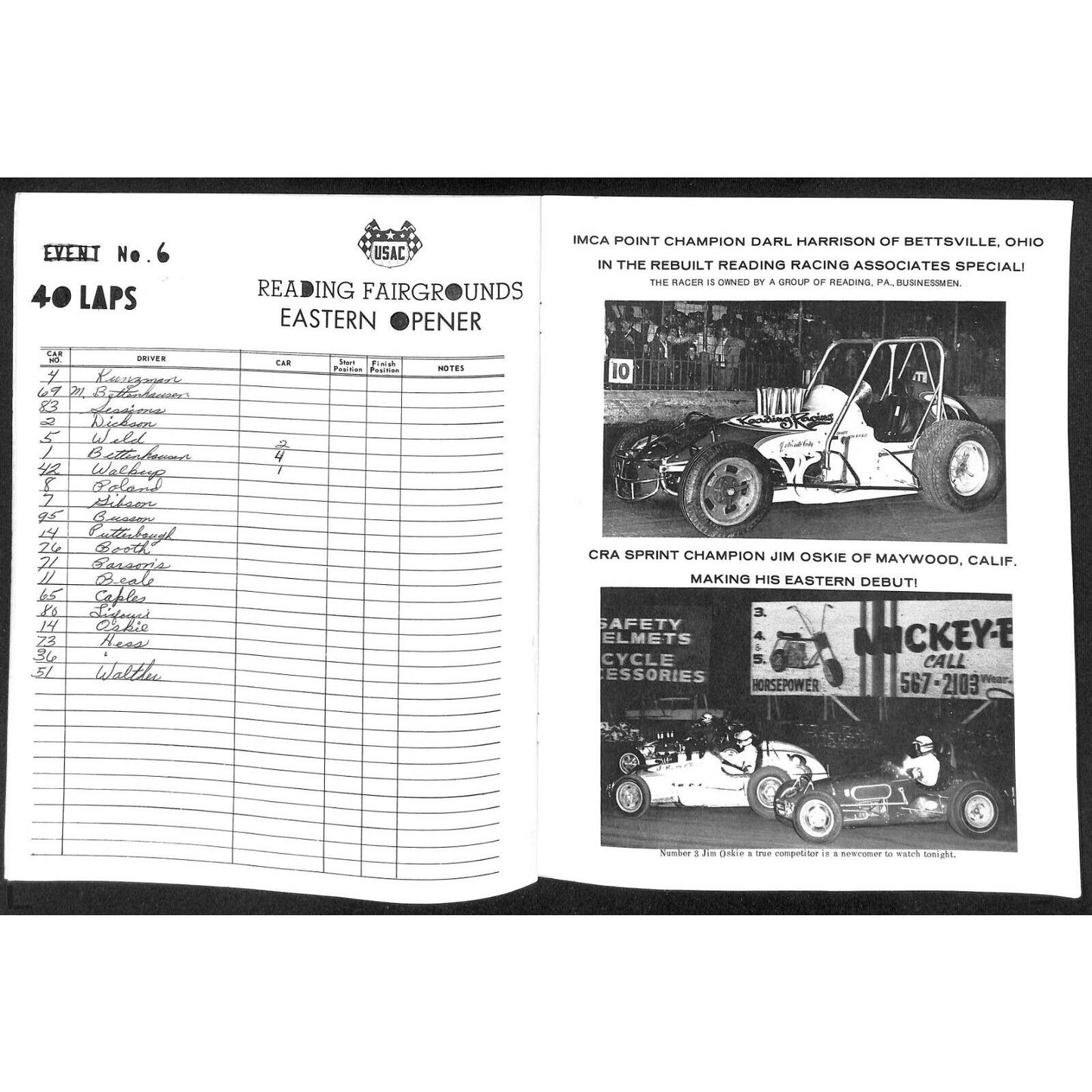 Reading Fairgrounds 1970 USAC Auto Races Program Sprint Car Champion 12pp*