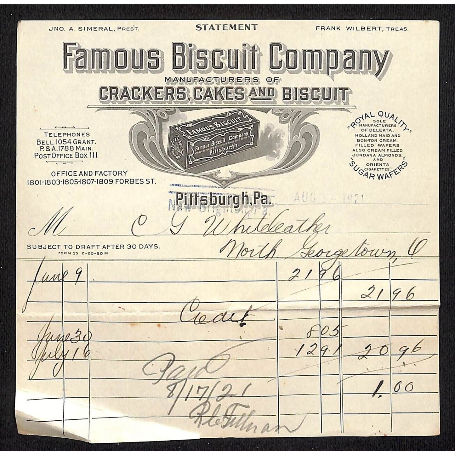 Famous Biscuit Co. Pittsburgh 1921 Statement Whiteleather* N. Georgetown , OH