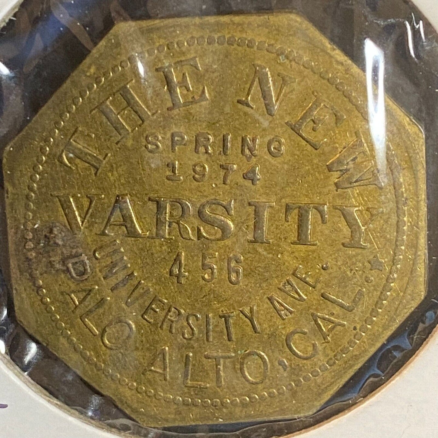 New Varsity Arcade Theatre Restaurant Palo Alto Token Octagon Brass 30mm c1974