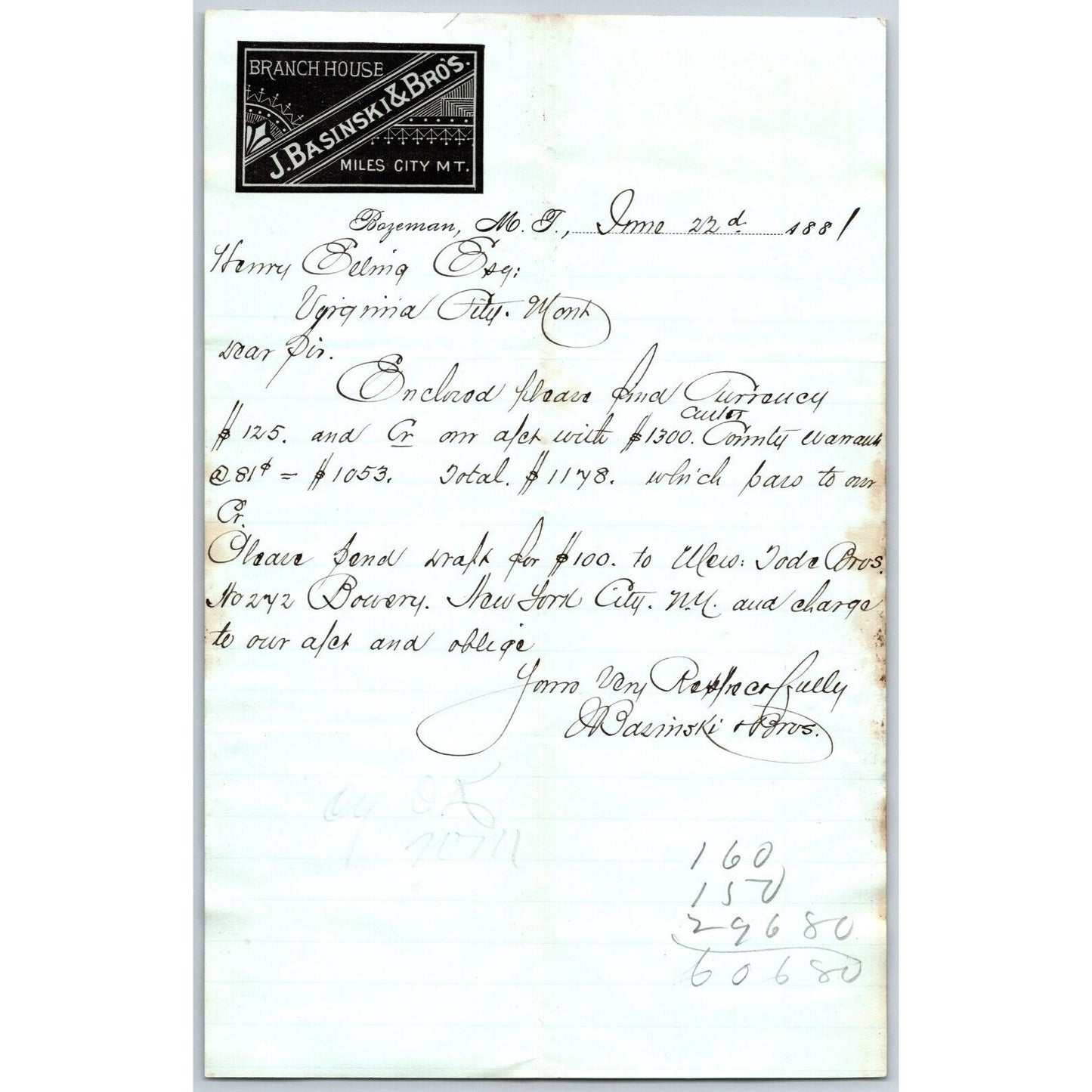 J. Basinski & Bros. Bozeman, MT (Dry Goods) 6/22 1881 Letterhead Henry Elling*