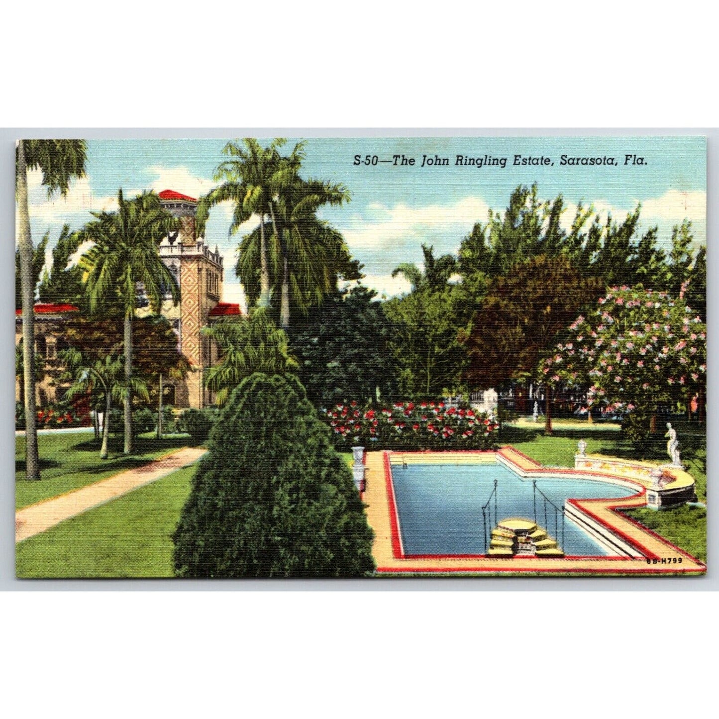 The John Ringling Estate Sarasota Pool Circus Linen Postcard c1935-50 NP VGC