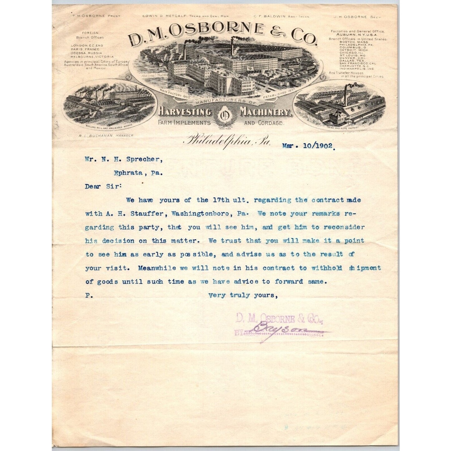 D.M. Osborne & Co. (IH*) Harvesting Machinery 1902 Letterhead re: Contract