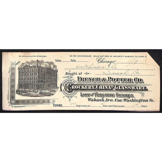 French & Potter Co. Crockery Chicago H.J. Hutchinson* Decorah Cut 1896 Billhead