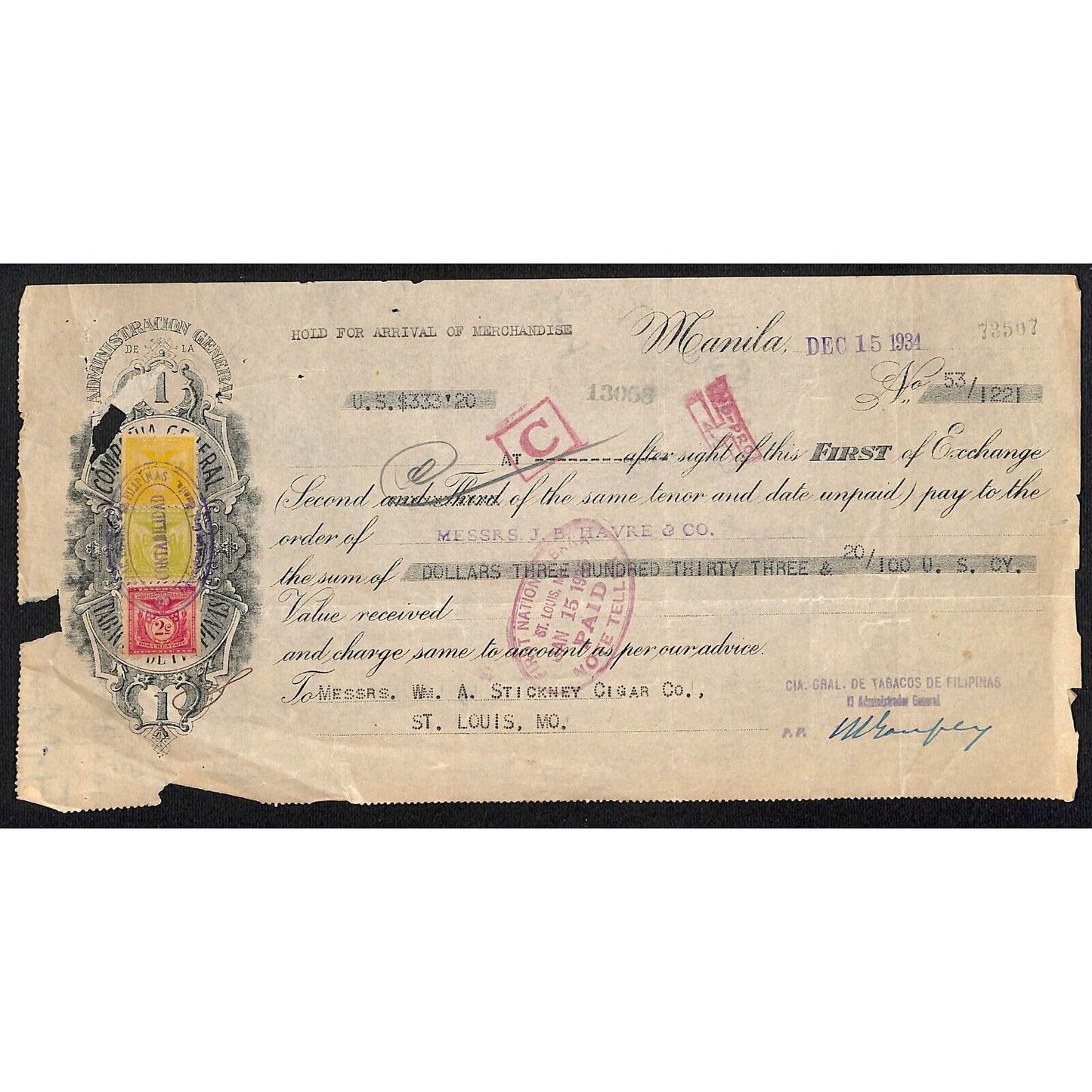 1934 Manila J.B. Harve & Co. / Stickney Cigar Co. First of Exchange #73507