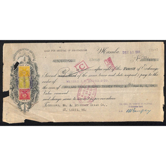1934 Manila J.B. Harve & Co. / Stickney Cigar Co. First of Exchange #73507