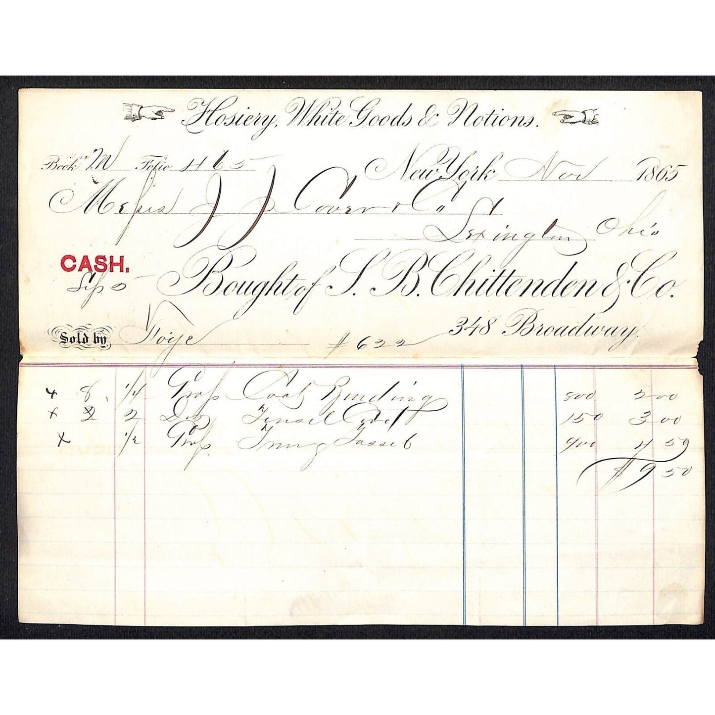L.B. Chittenden & Co. Hosiery White Goods Broadway NYC 1865 J.J. Cover* Billhead
