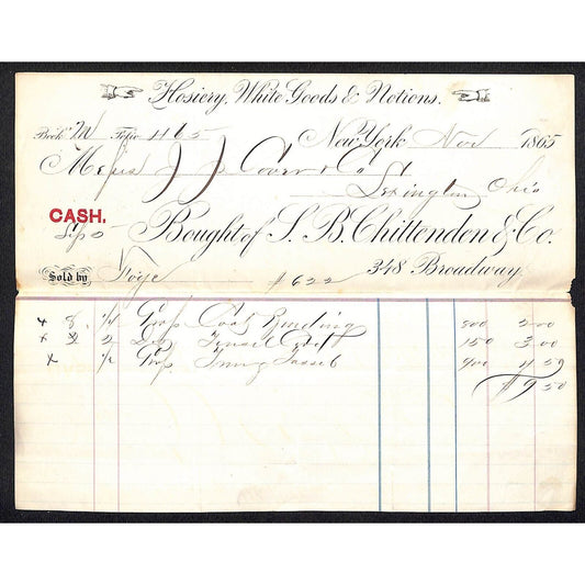 L.B. Chittenden & Co. Hosiery White Goods Broadway NYC 1865 J.J. Cover* Billhead