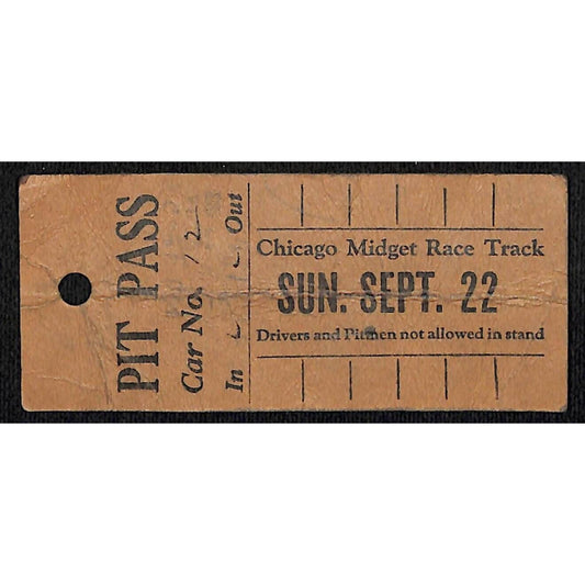 c1940's-50's Pit Pass Car No. 12 Chicago Midget Race Track Auto Racing Scarce