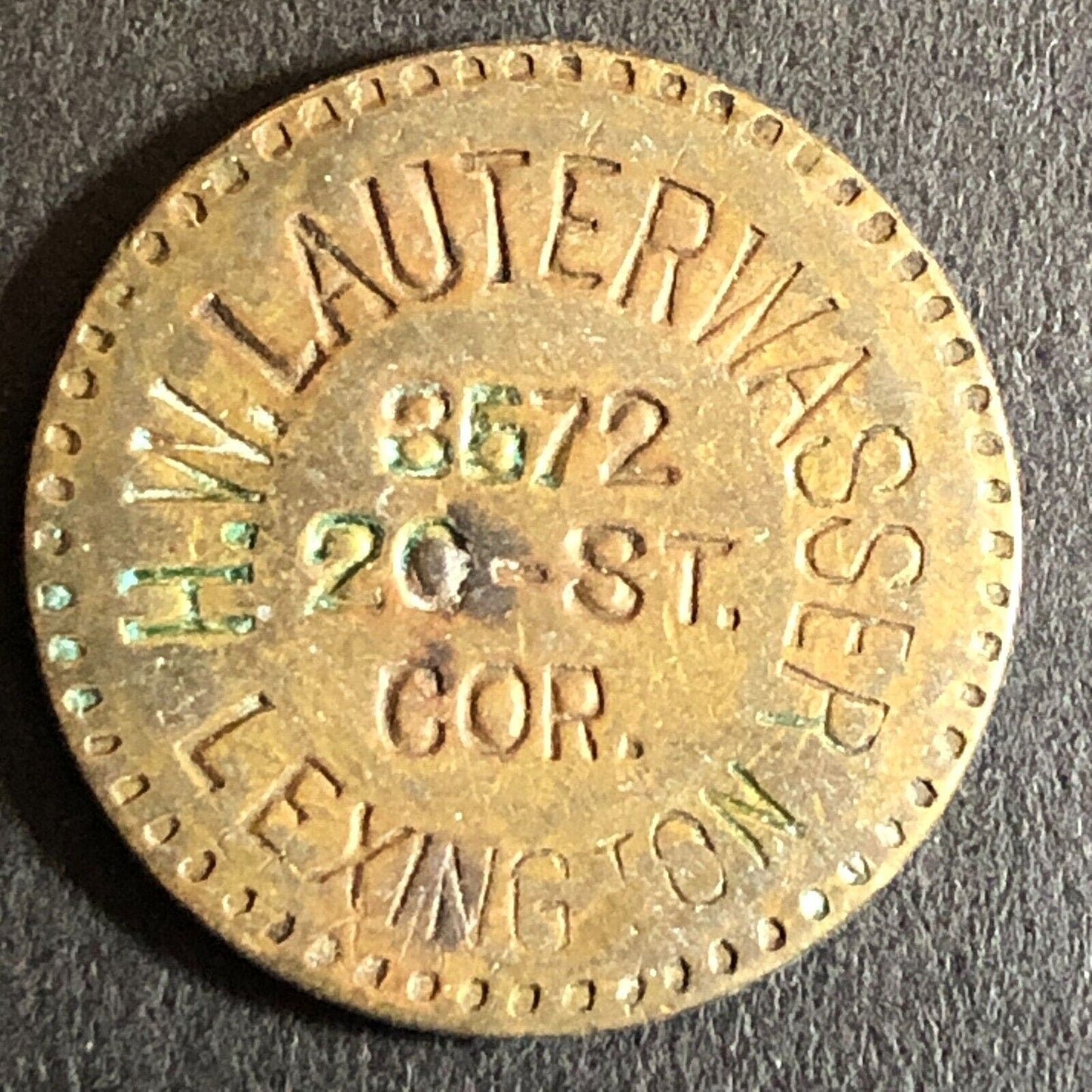 W.H. Lauterwasser The Lexington San Fran G/F 5c Trade Token 21mm c1908 Scarce