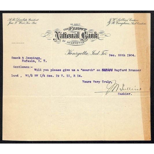 1904 First National Bank of Henryetta, OK Indian Territory Letterhead