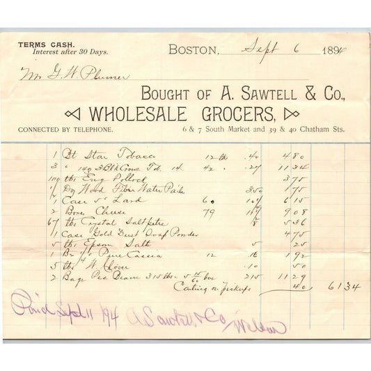 A. Sawtell & Co. Wholesale Grocers Boston 1894 Billhead Scarce VGC