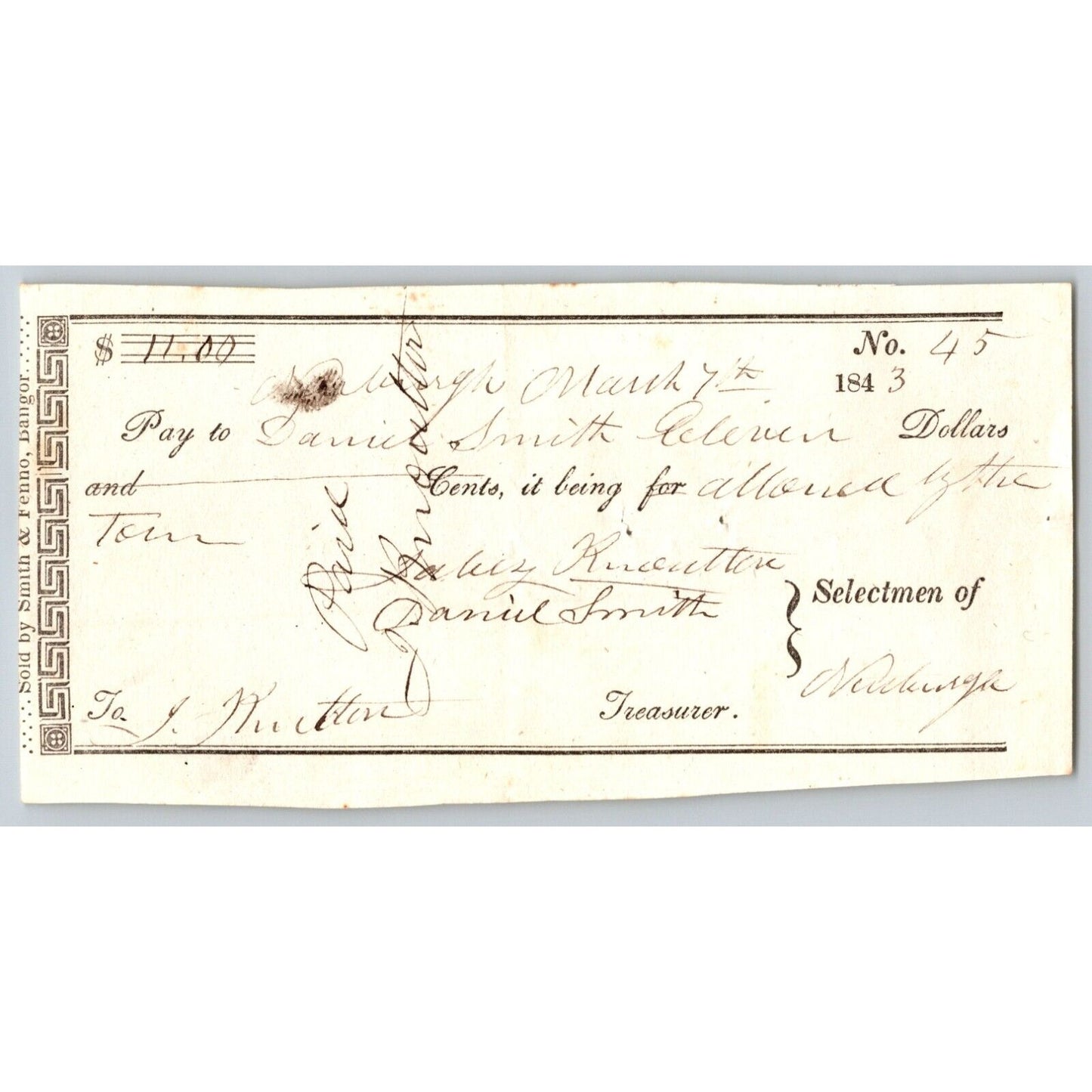 1843 Jabez Knowlton* Newburgh, ME Town Check / Draft to Daniel Smith No. 52