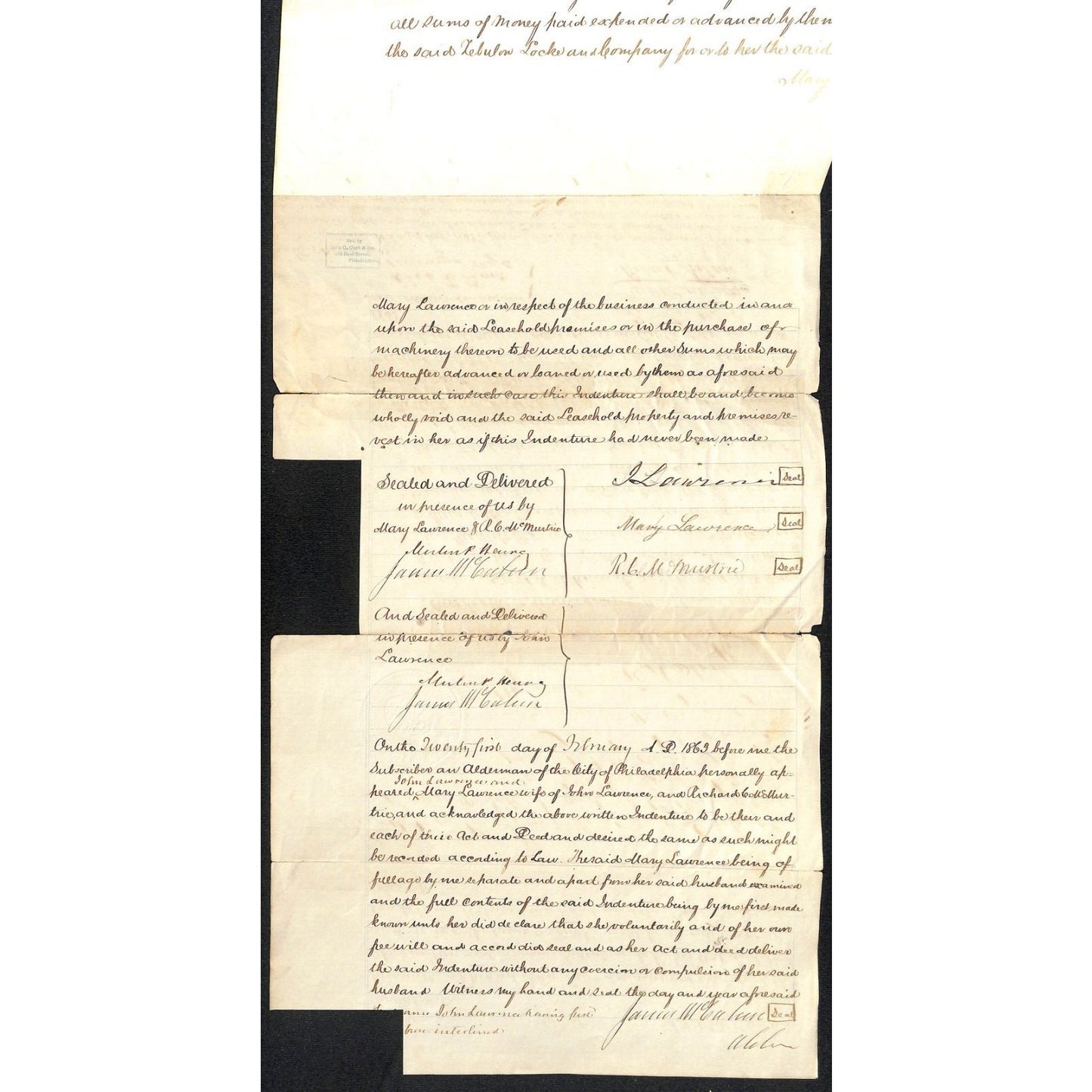 1863 Millport, PA (Aquashicola) Deed Document John Lawrence Richard C. McMurtrie
