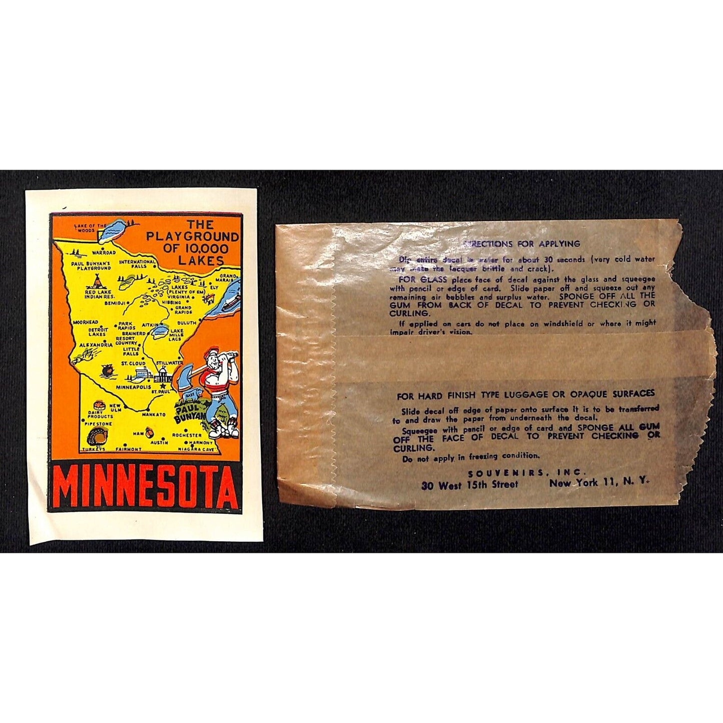 Minnesota Map Lakes Water Transfer Decal Travel Souvenir w/ Sleeve c1950's