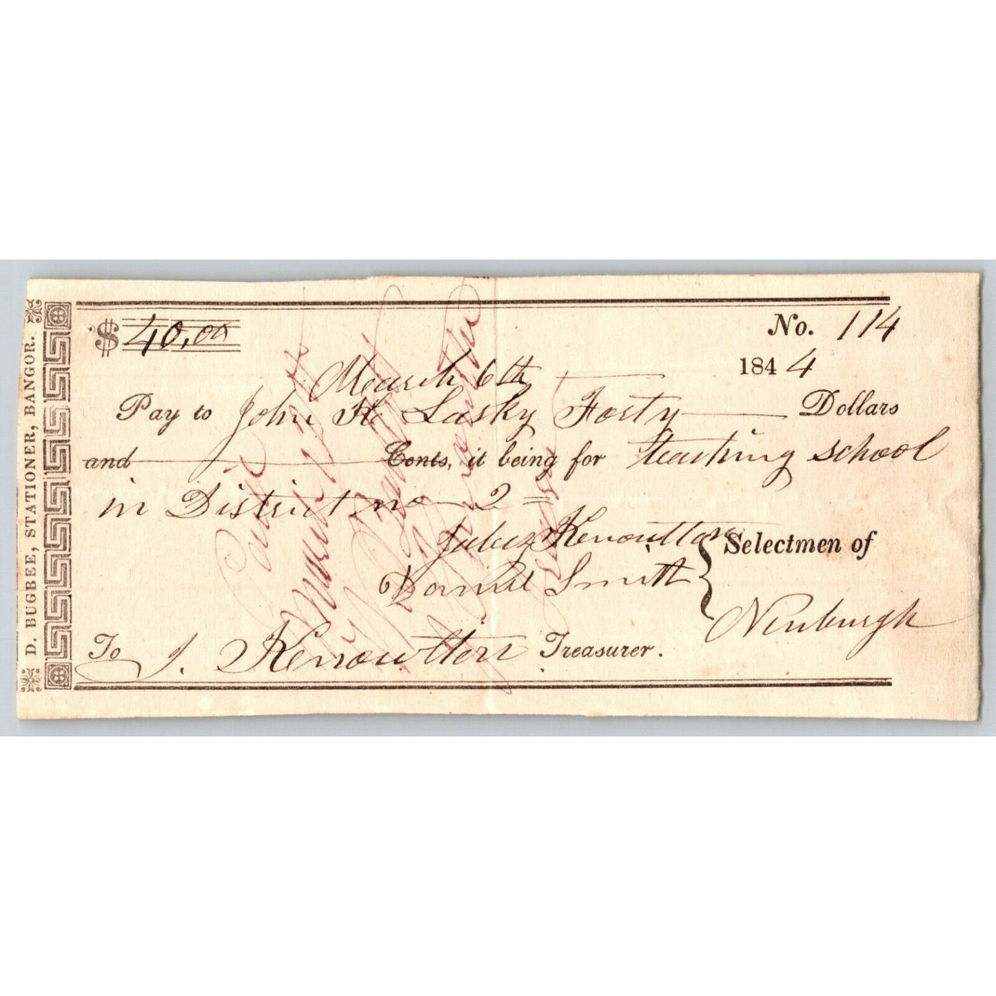 1844 Jabez Knowlton* Newburgh ME Town Check John H. Lasky? for Teaching School