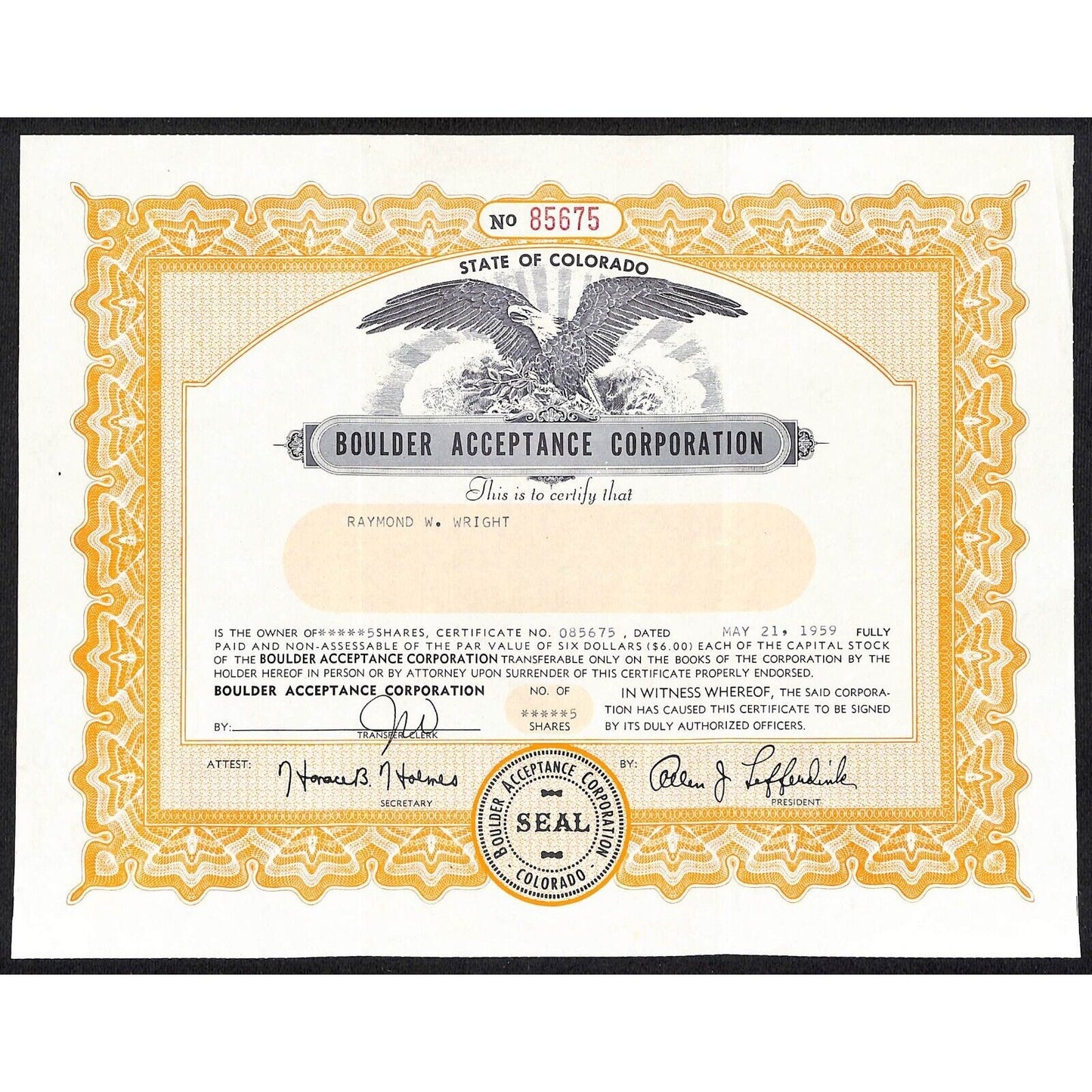 Boulder Acceptance Corp. Colorado 1959 Stock Certificate to Raymond W. Wright