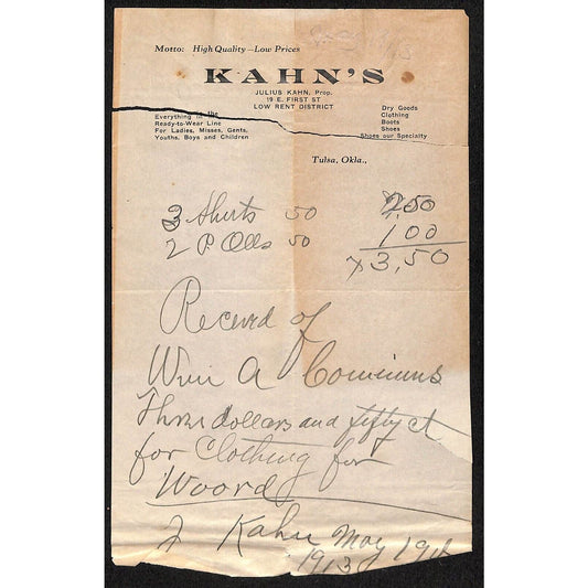 1913 Kahn's Clothing "Low Rent District" Tulsa, OK Billhead w/ Damage