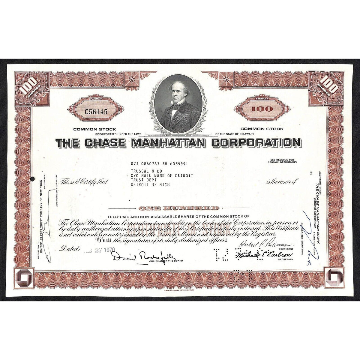 Chase Manhattan Corp 1970 Stock Certificate to Trussal & Co. - Early Logo*
