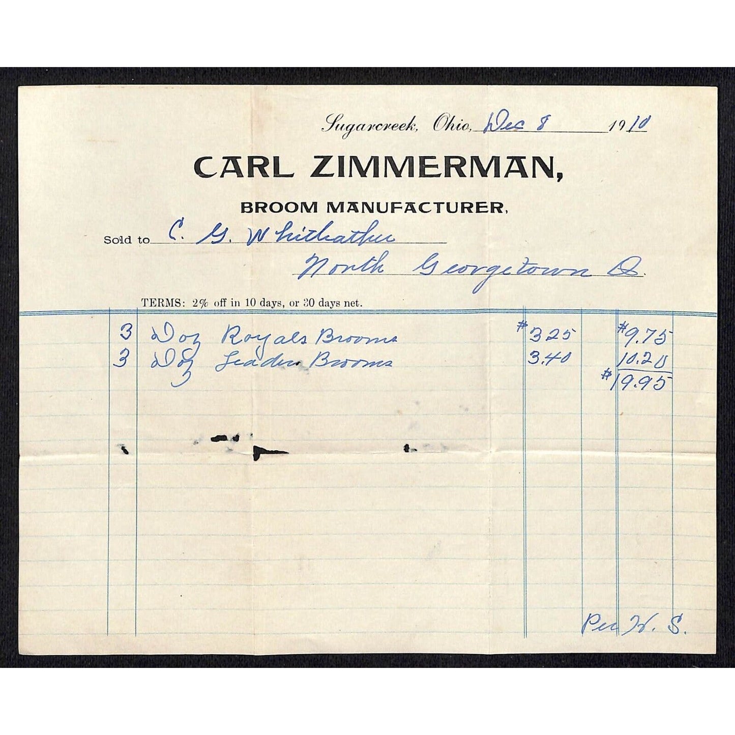 Carl Zimmerman Brooms Sugarcreek, OH 1910 Billhead Whiteleather* N. Georgetown