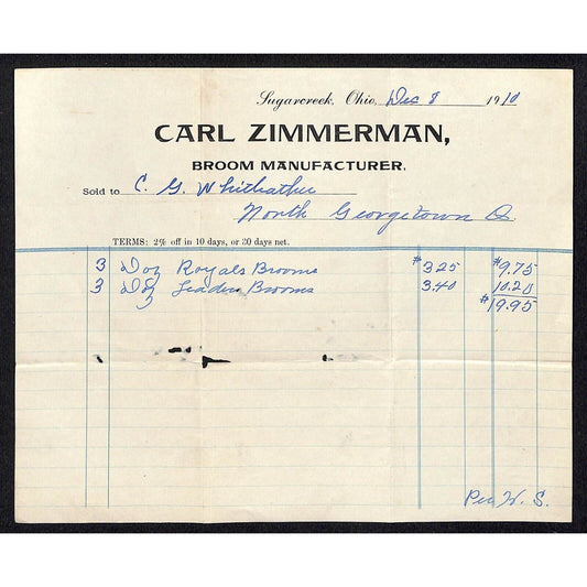 Carl Zimmerman Brooms Sugarcreek, OH 1910 Billhead Whiteleather* N. Georgetown