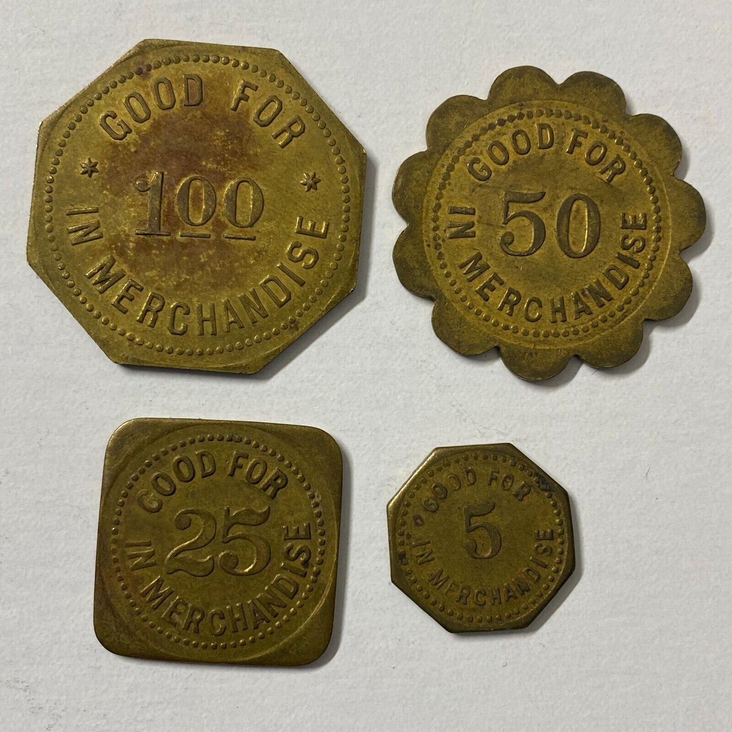 Bye & Company Taswell, IN Group of 4 Brass G/F Trade Tokens Scarce
