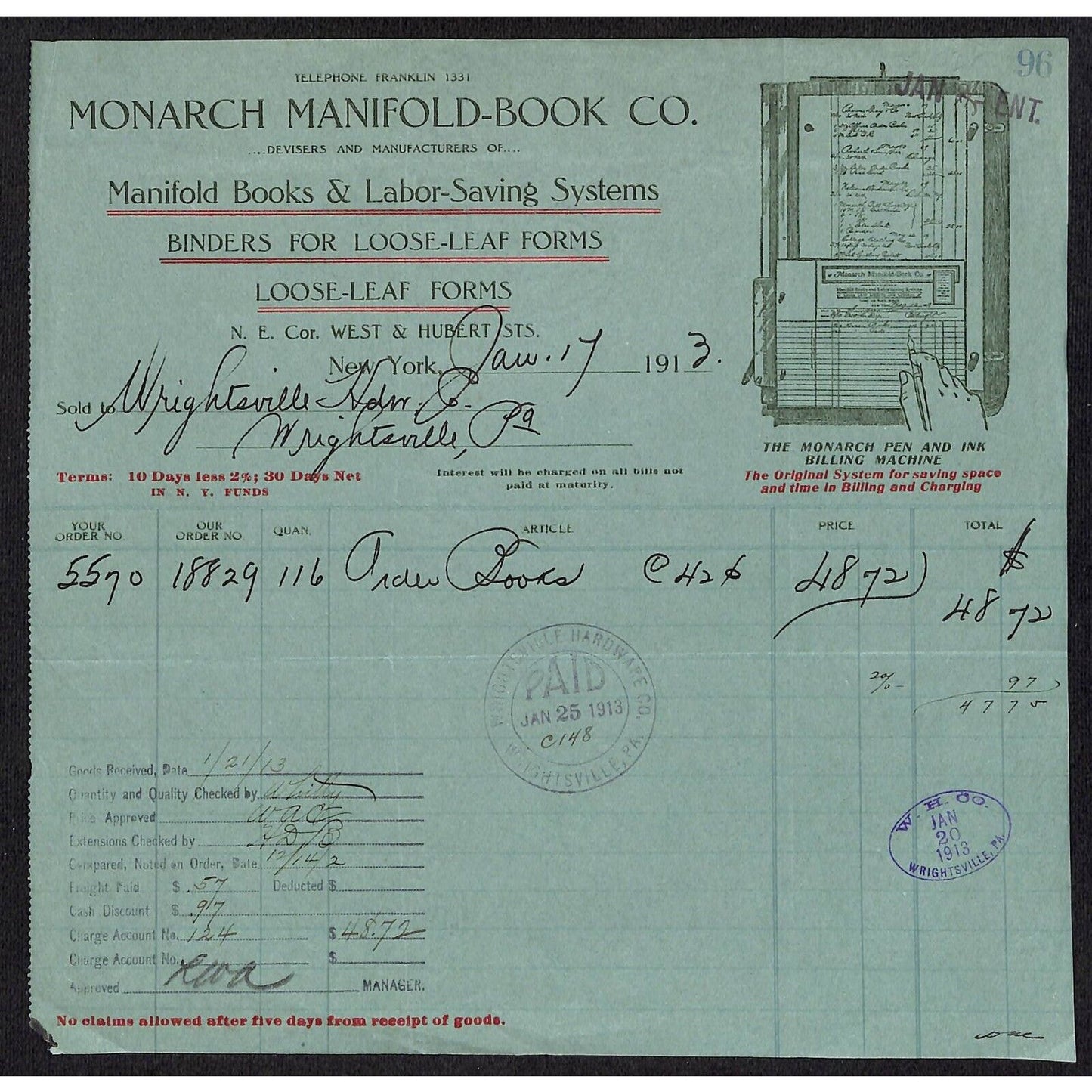 Monarch Manifold-Book Co. Form Systems NYC 1913 Billhead