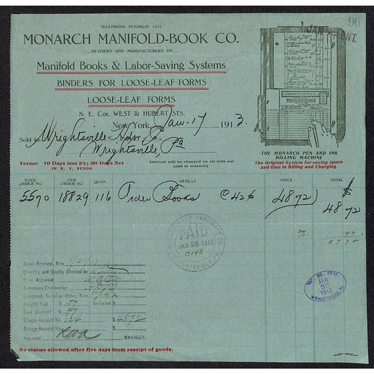 Monarch Manifold-Book Co. Form Systems NYC 1913 Billhead