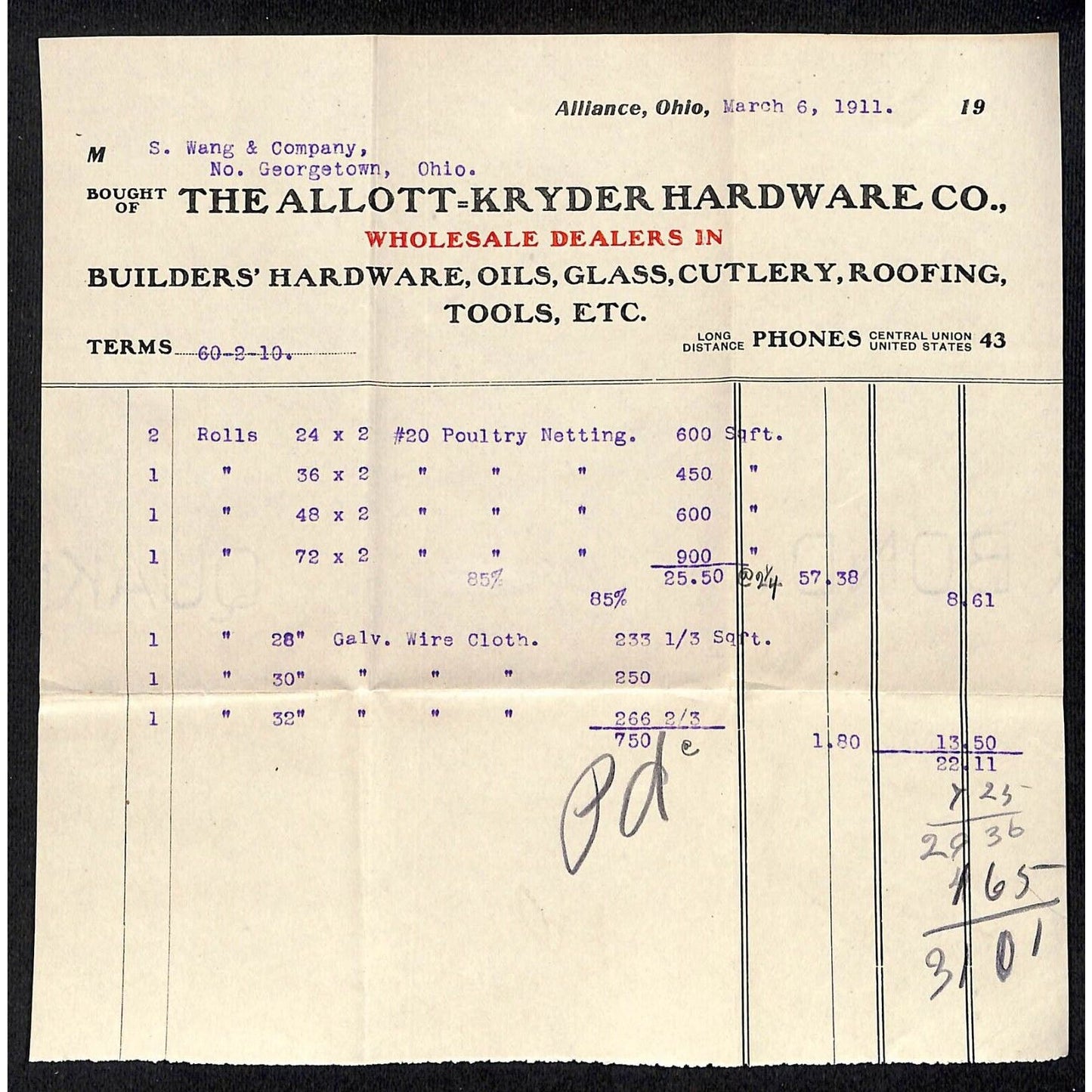 Allott-Kryder Hardware Alliance OH 1911 Billhead Samuel Wang* N. Georgetown, OH
