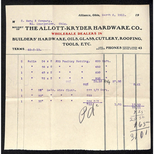 Allott-Kryder Hardware Alliance OH 1911 Billhead Samuel Wang* N. Georgetown, OH