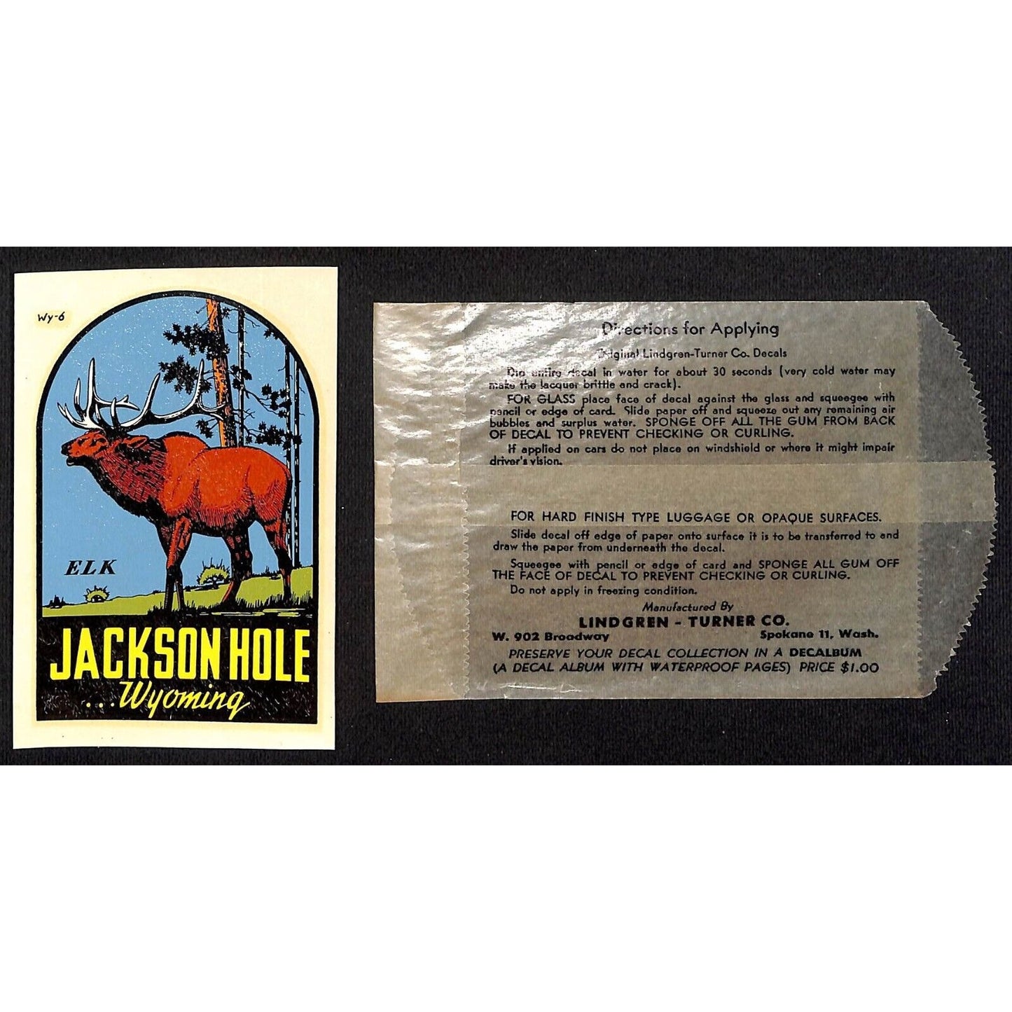 Jackson Hole Wyoming Elk Water Transfer Decal Travel Souvenir c1950's