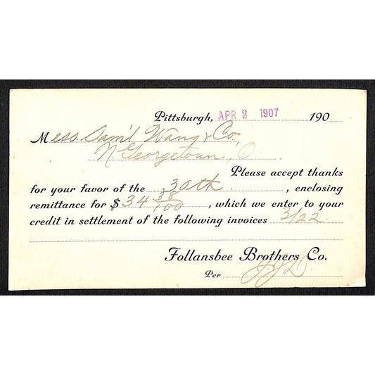 Follanshee Bros. Pittsburgh Samuel Wang Co* North Georgetown 1907 Receipt Card