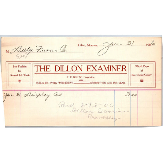 Dillon, MT The Dillon Examiner F.C. Kress Newspaper Jan. 1906 Billhead