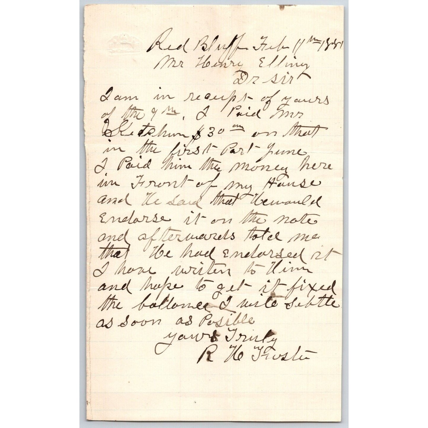 1881 ALS from ?? Red Bluff, MT to Henry Elling* re: Payments