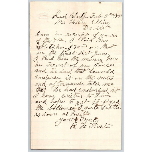 1881 ALS from ?? Red Bluff, MT to Henry Elling* re: Payments