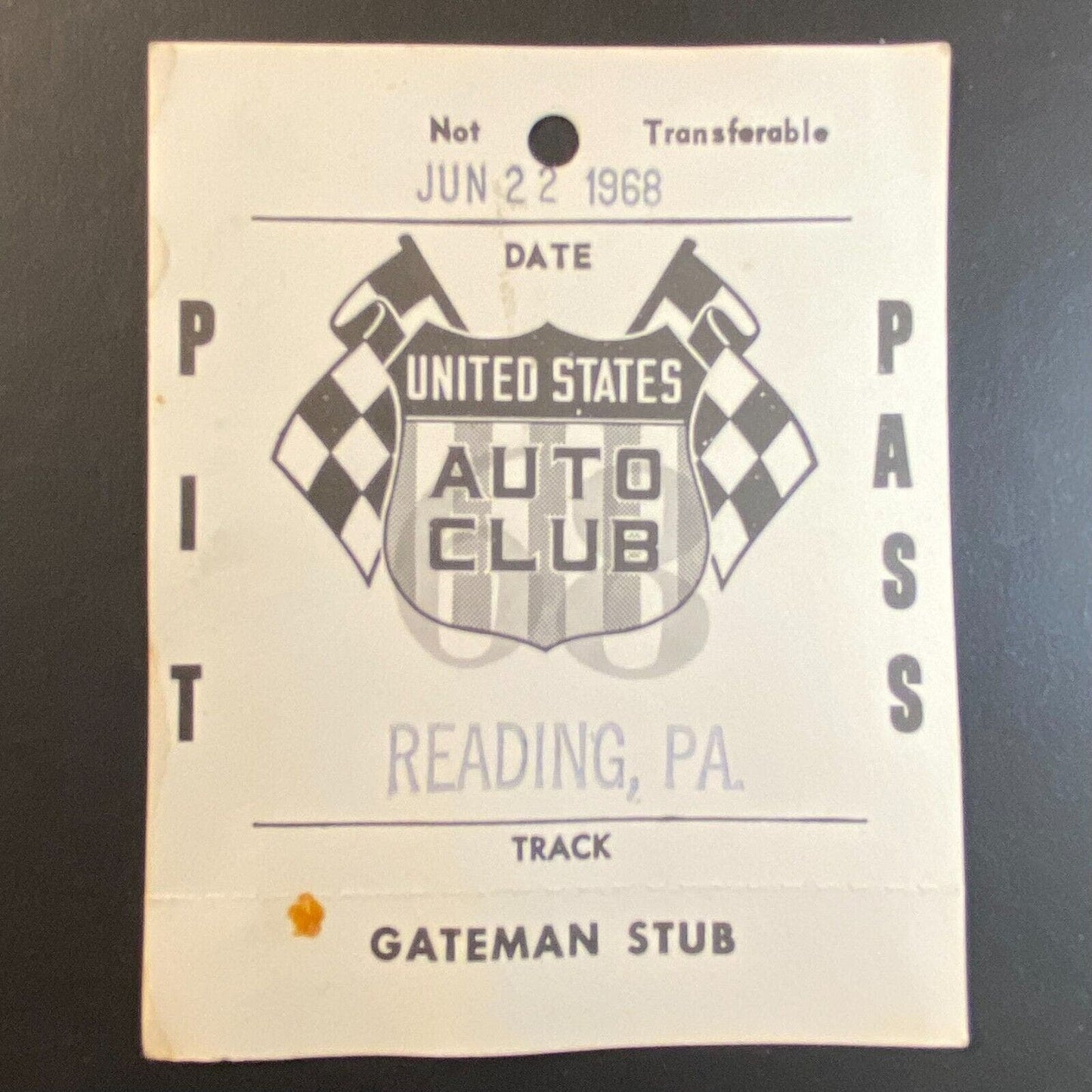 1968 Reading, PA USAC Pit Pass w/ Gateman Stub VGC Auto Racing June 22 1968