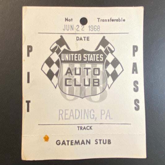 1968 Reading, PA USAC Pit Pass w/ Gateman Stub VGC Auto Racing June 22 1968
