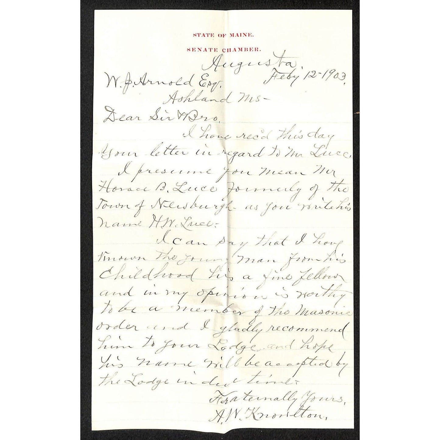 2 1903 ALS - One on State of Maine Senate Chamber Stationary + Cover Knowlton*