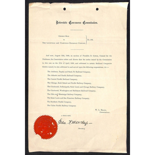Interstate Commerce Comm. 1889 George Rice v. Louisville & Nashville RR Document