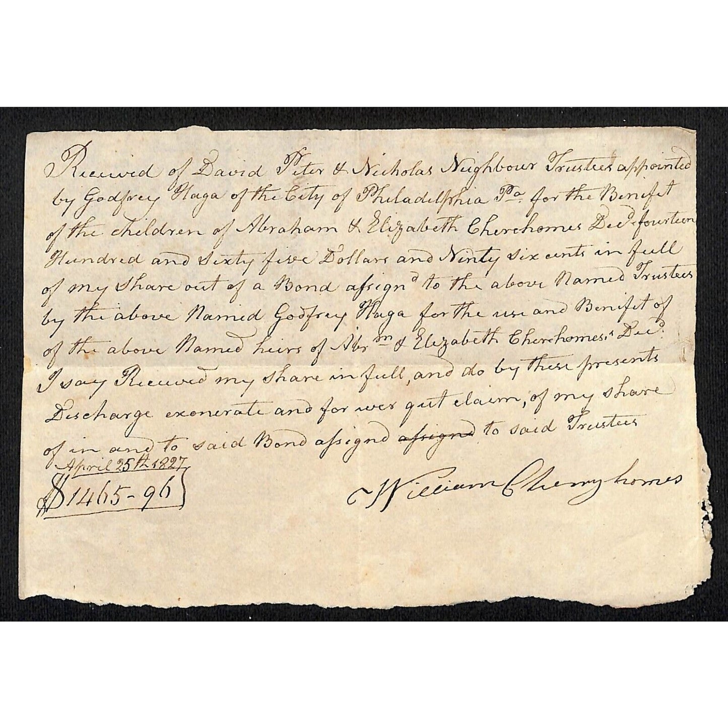 1827 Philadelphia Share Payment Receipt Nughbour / William Churehomes ? Document