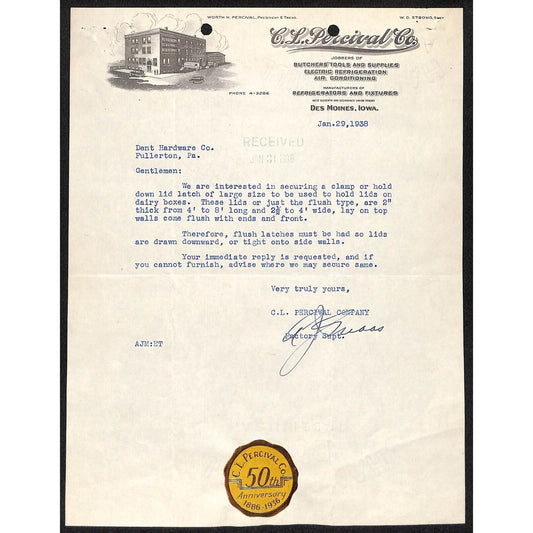 C.L. Percival Co. Des Moines, Iowa Butchering Tools 1938 TLS Letterhead