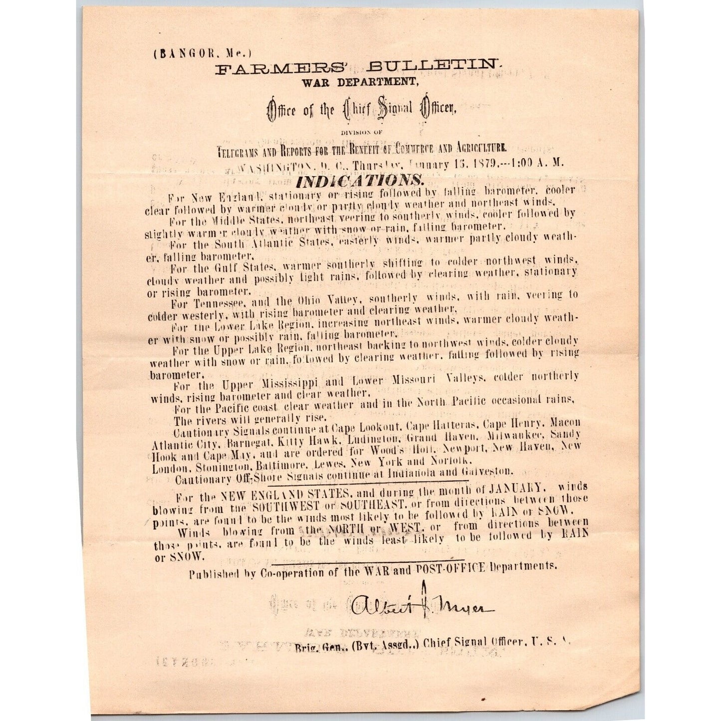 Bangor, ME Chief Signal Office, War Department Farmers' Bulletin Jan. 16, 1879